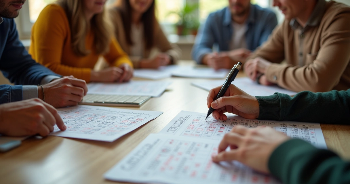 Pessoas organizando bolão do Dia de Sorte com volante e tabelas de probabilidades 