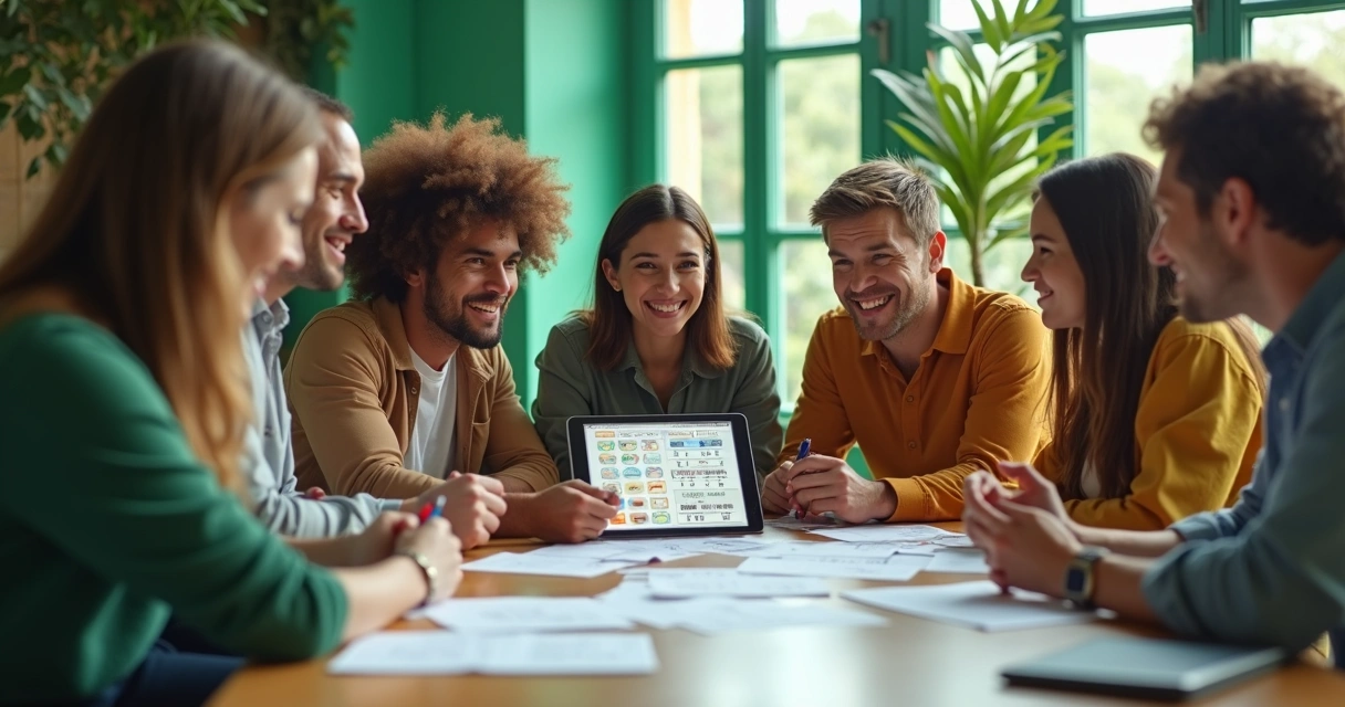 Grupo de pessoas reunidas sorrindo analisando bilhetes de Mega-Sena em uma mesa 