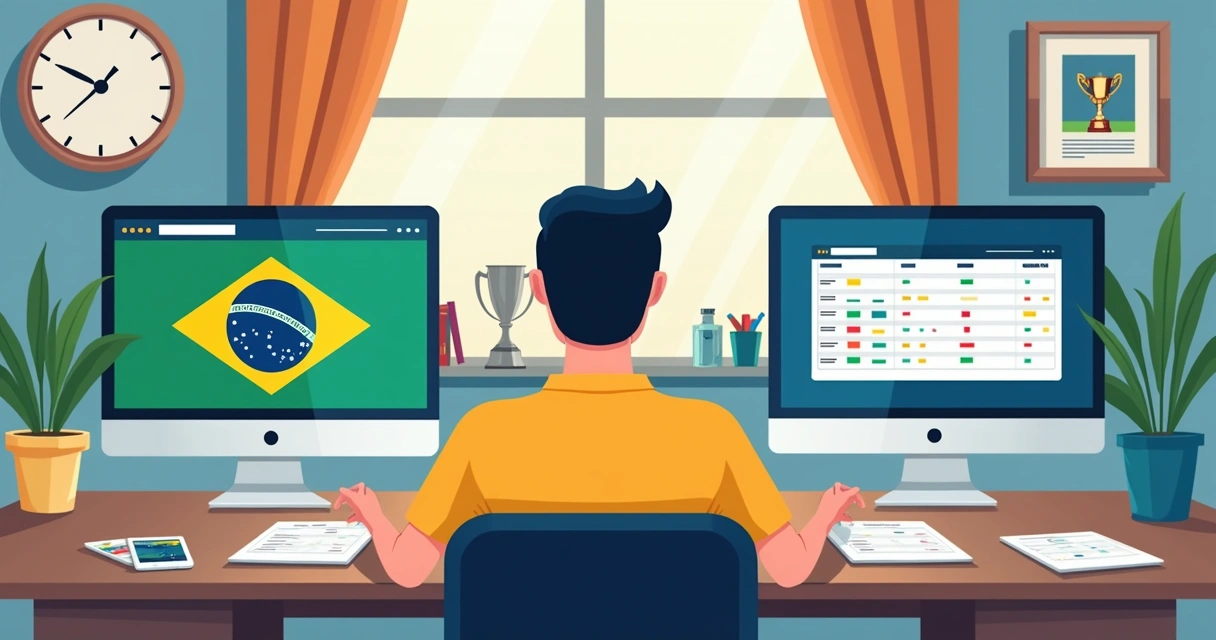 Homem usando dois computadores com ferramentas de apostas diferentes lado a lado 