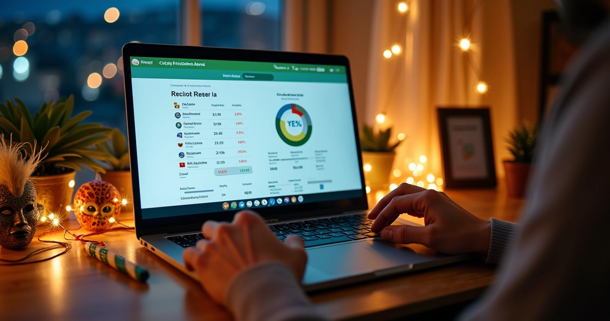 Pessoa usando notebook para apostar em datas comemorativas no Brasil com ícones festivos ao redor 