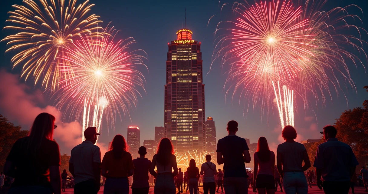 Vista noturna de pessoas assistindo queima de fogos em frente ao edifício Copan, São Paulo 