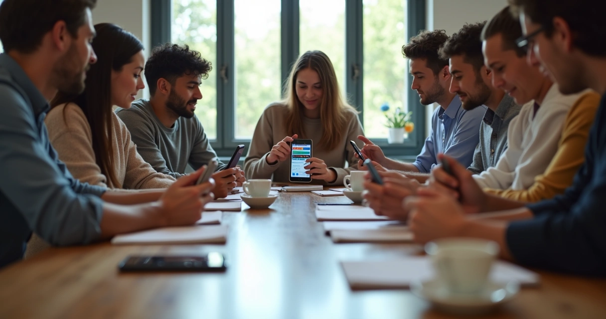 Mesa com várias pessoas reunidas fazendo apostas em bolão da Dupla Sena no celular 