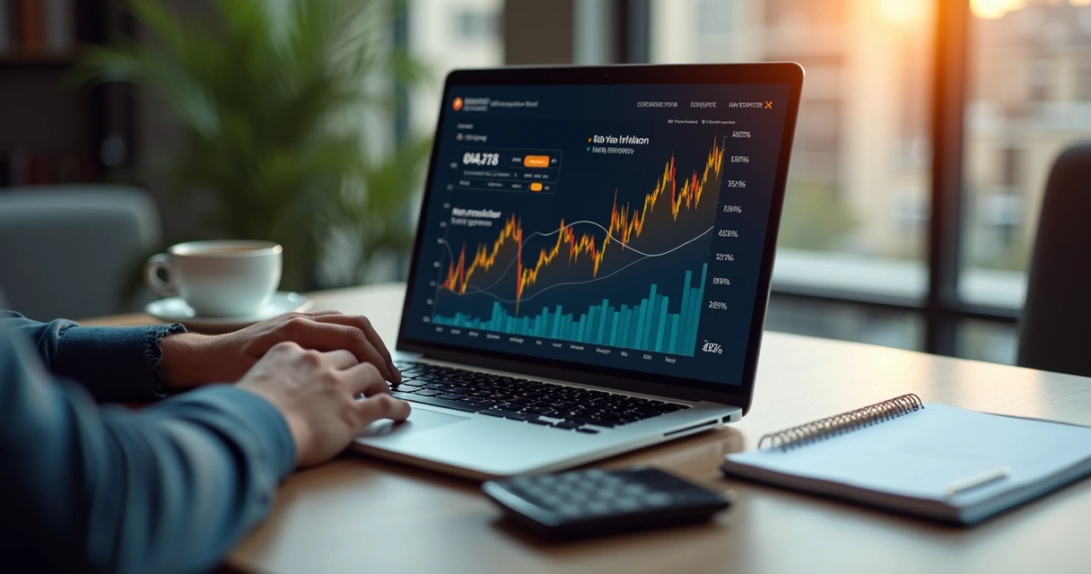 Pessoa analisando gráficos econômicos em notebook com notas ao lado