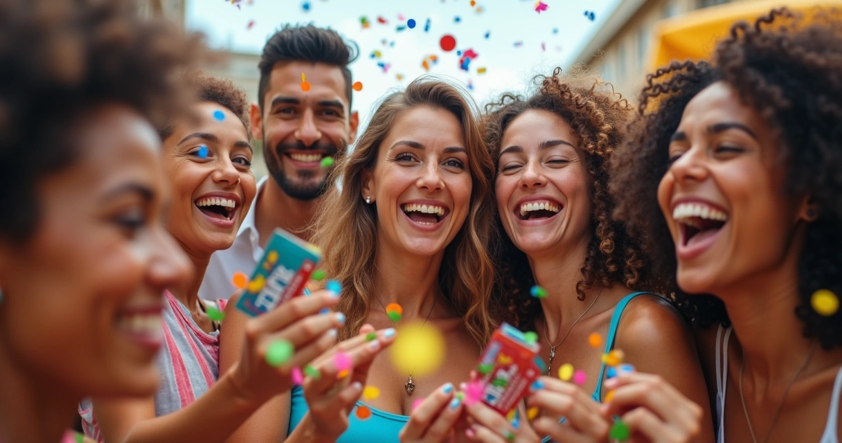 Pessoas celebrando vitória em bolão da Quina de São João 