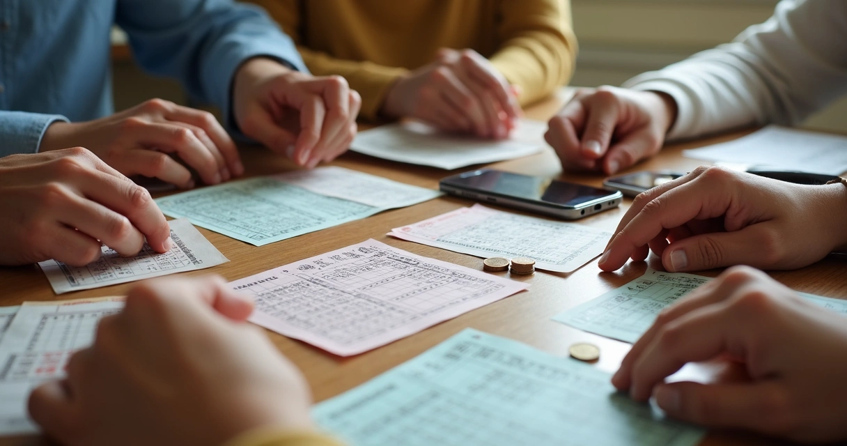 Vários bilhetes de loteria e mãos segurando frações individuais de apostas