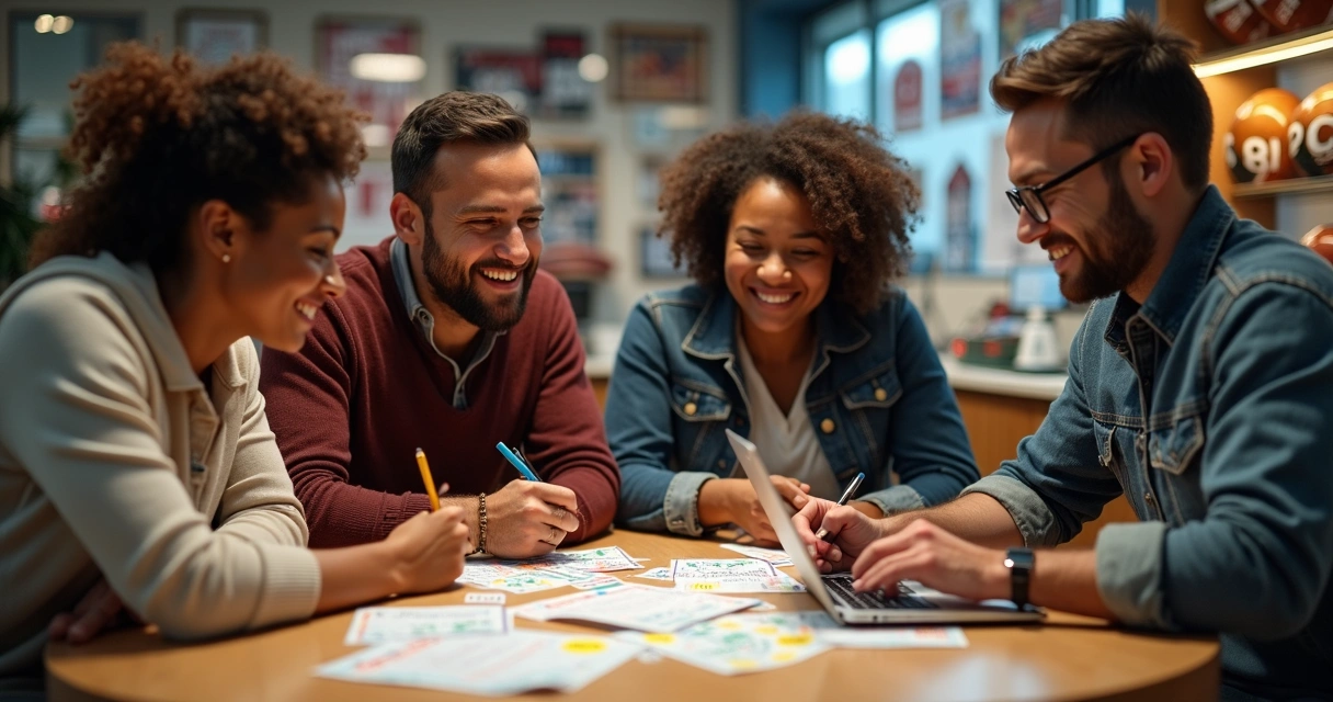 Grupo de pessoas reunido ao redor de uma mesa analisando bilhetes de loteria, com planilhas e canetas nas mãos, sorrindo e discutindo apostas 