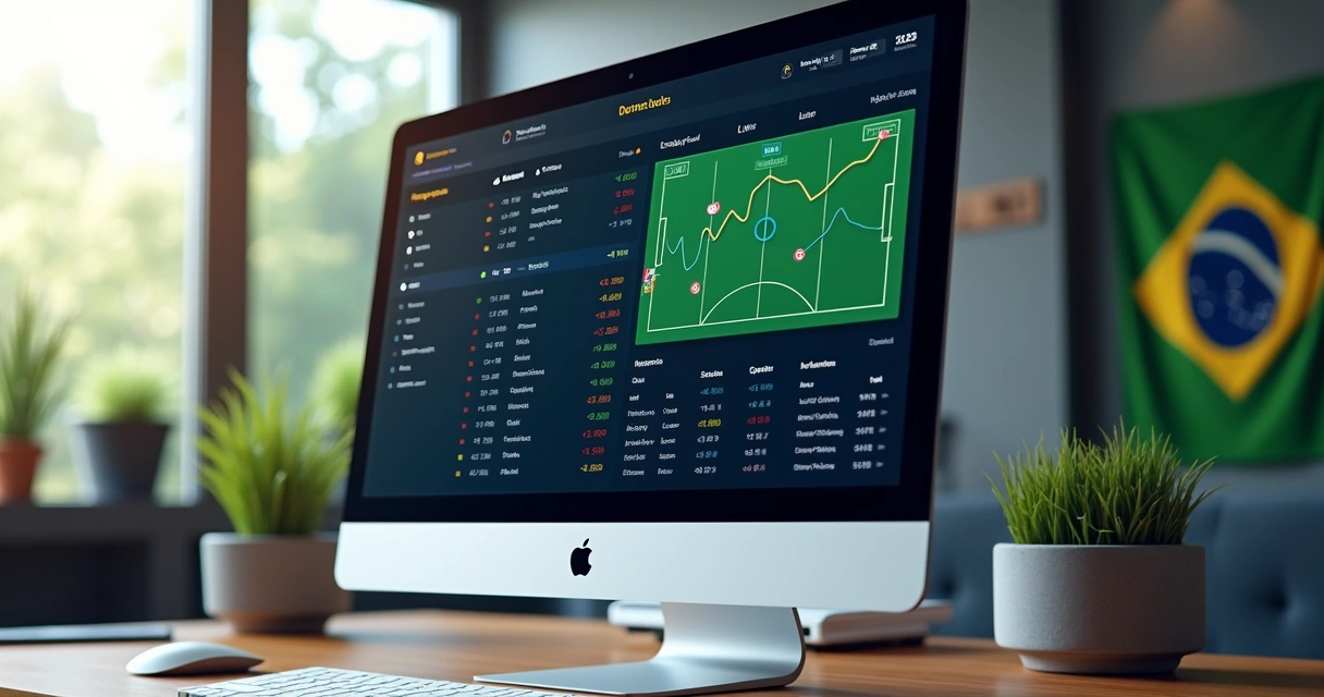 Tela de computador mostrando uma aposta esportiva no futebol com gráficos e resultados ao fundo 