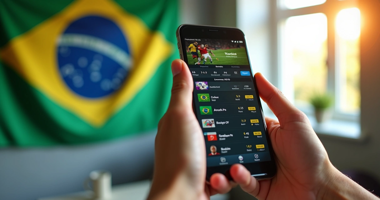 Homem segurando celular com apostas esportivas na tela 