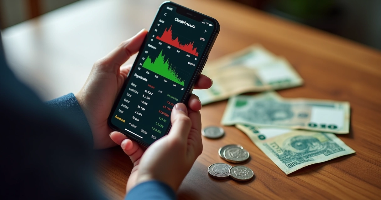 Pessoa segurando smartphone mostrando apostas esportivas e gráficos 