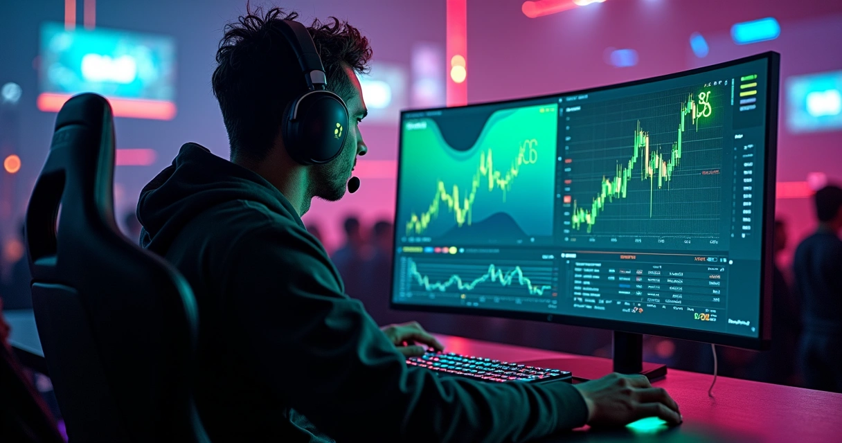 Jogador profissional de eSports brasileiro em arena digital com gráficos de apostas na tela 