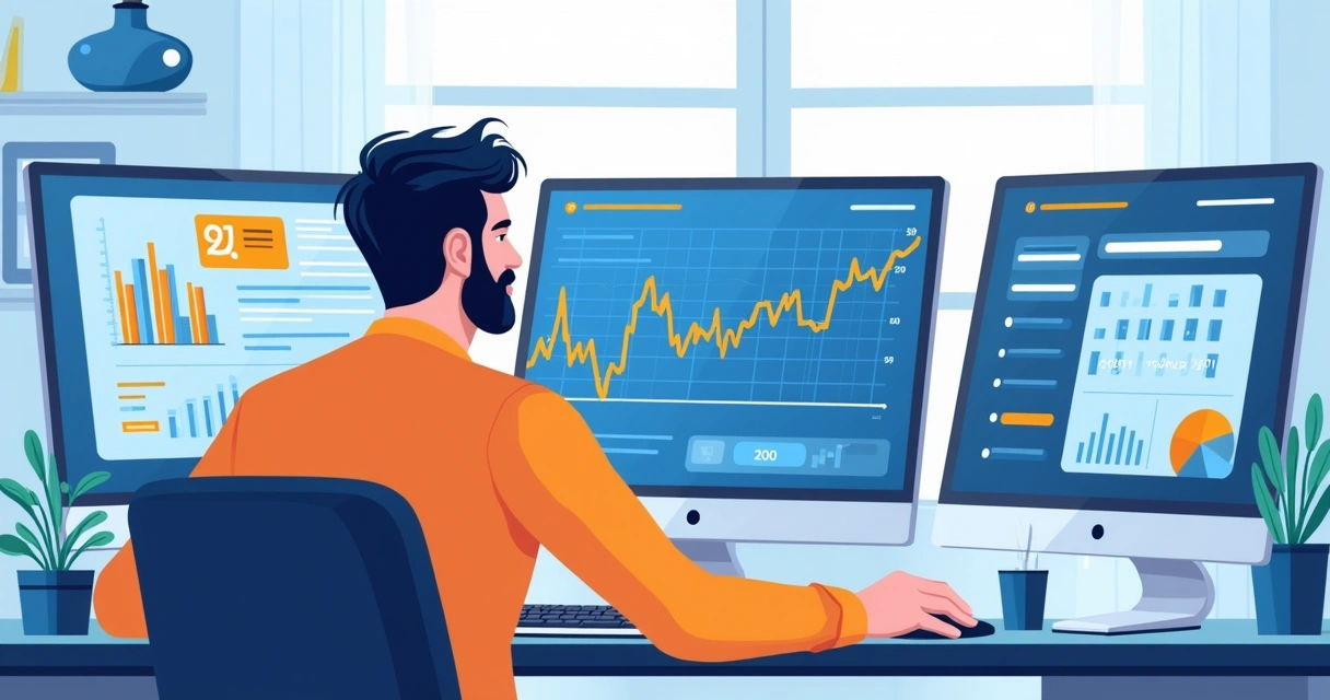 Homem analisando gráficos e probabilidades em três telas de computador 