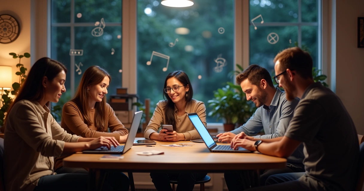 Pessoas de diferentes idades apostando em eventos culturais usando computador e celular, com elementos de cinema, música e livros ao fundo