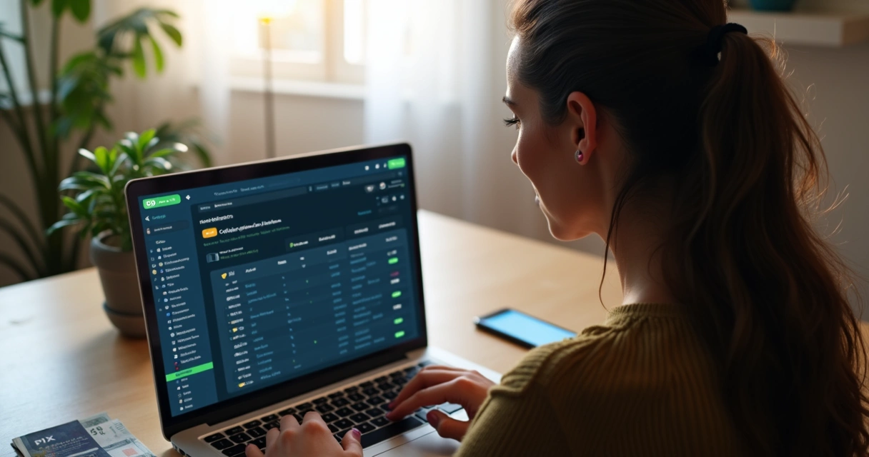 Mulher usando notebook acompanhando apostas em eventos reais num site 