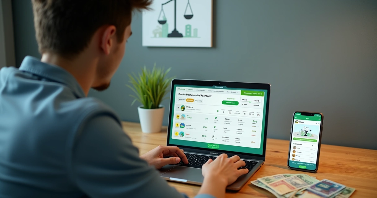 Pessoa usando notebook para apostar em eventos reais no Brasil com gráficos, bandeira e ícones de esportes e política 