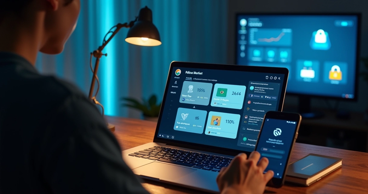 Pessoa usando notebook e celular para apostas em eventos reais no Brasil com gráficos e ícones de leis 