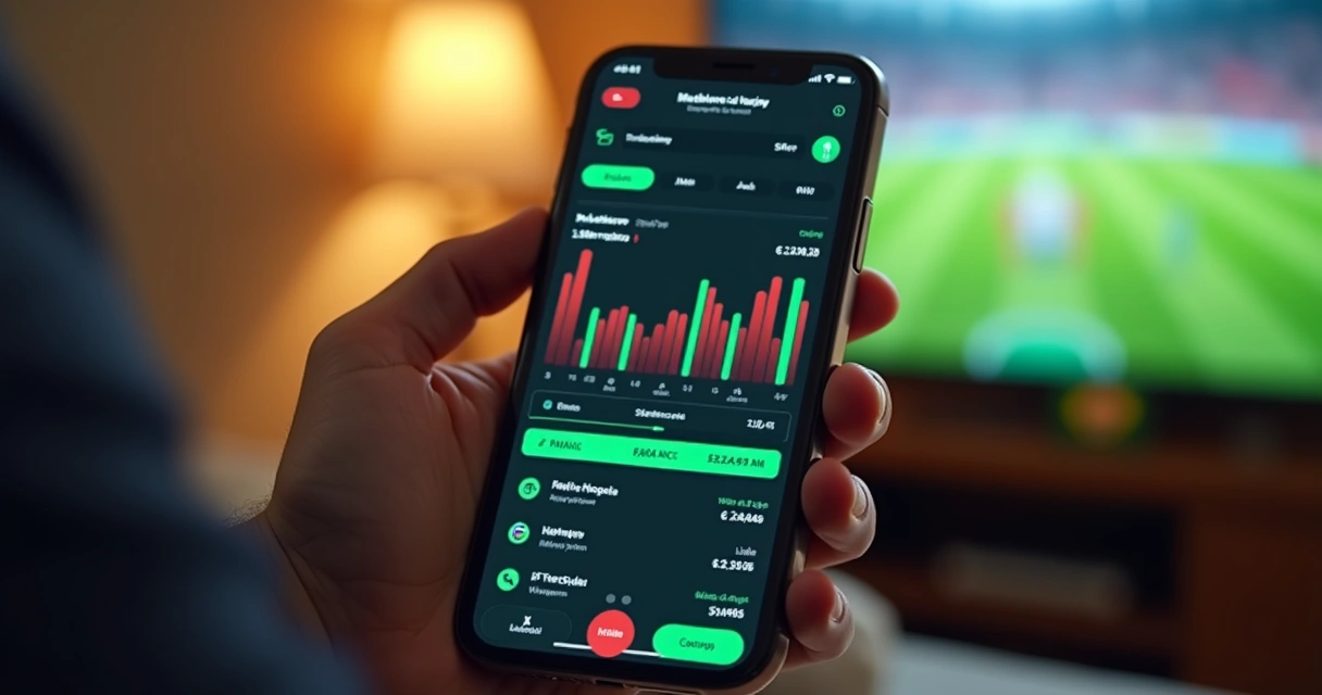 Celular mostrando aplicativo de apostas com gráficos e notícias falsas 