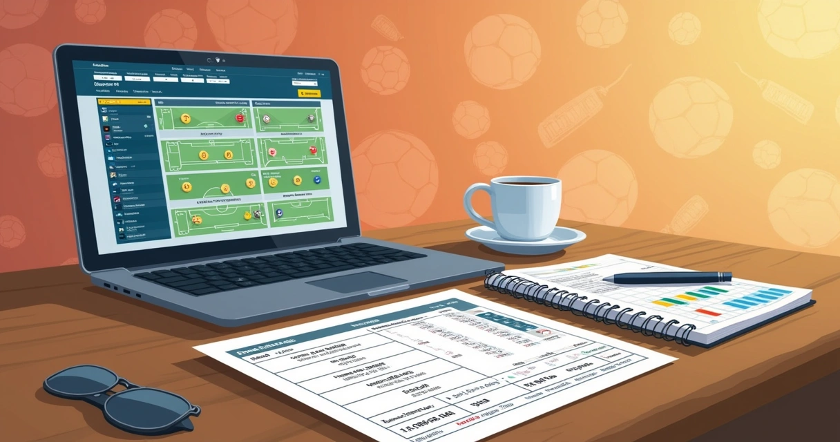 Bilhete de aposta e laptop com site de apostas de futebol em mesa de madeira.