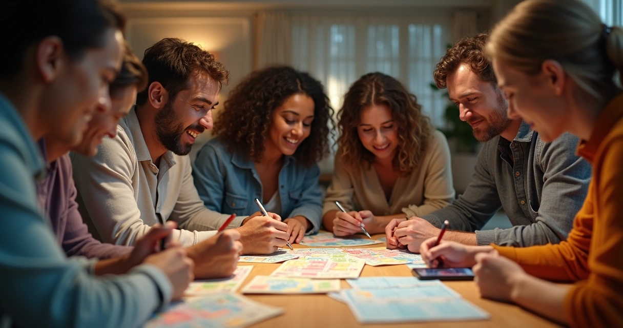 Pessoas reunidas ao redor de uma mesa, preenchendo volantes de loteria com expressão de expectativa. 