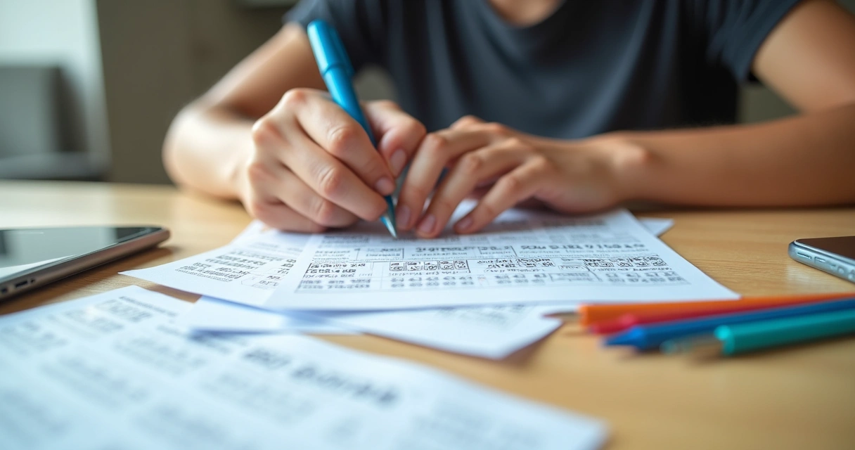 Pessoa preenchendo volante da Mega-Sena em mesa clara com diferentes canetas ao redor 