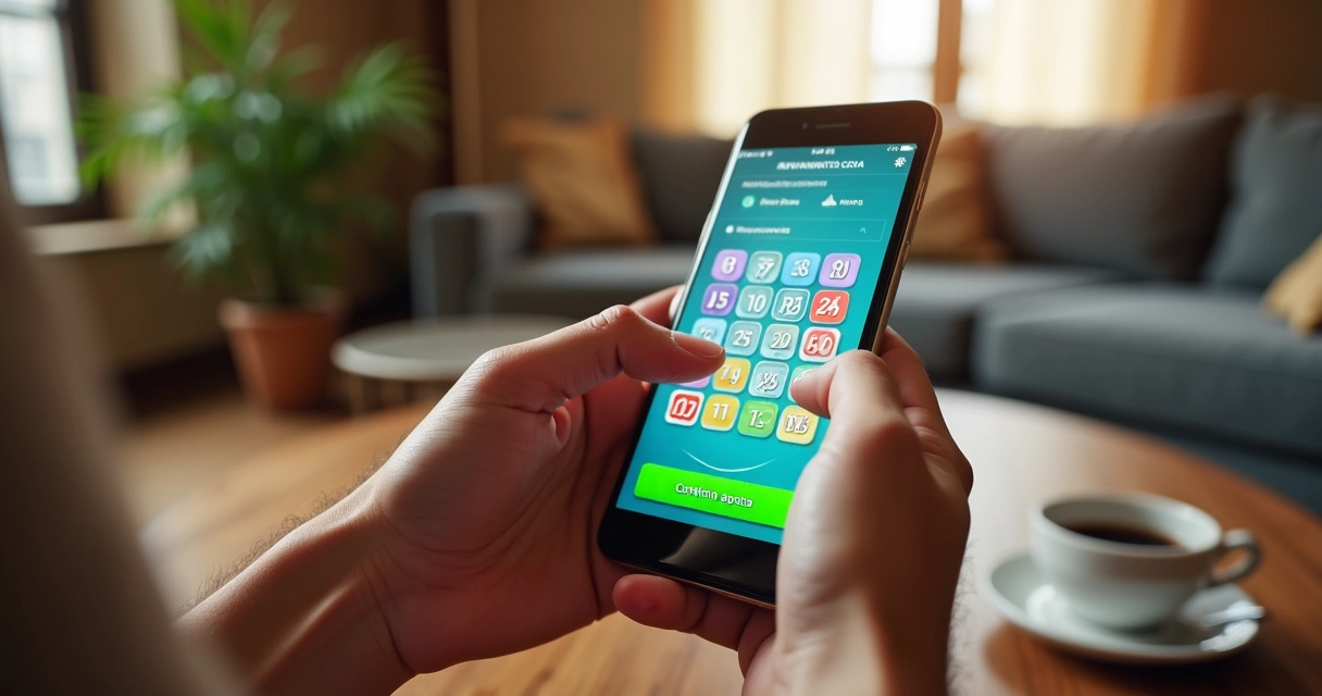 Pessoa usando aplicativo de loteria em smartphone.