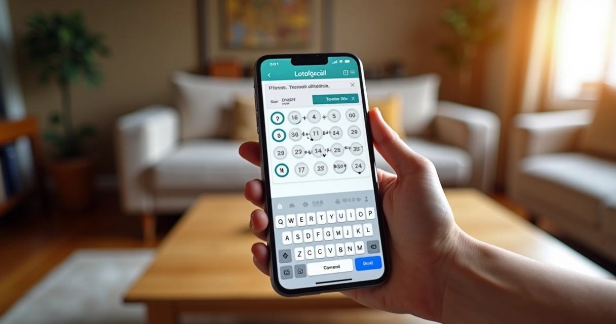 Pessoa segurando celular com tela de aposta da Lotofácil online e teclado virtual à mostra 