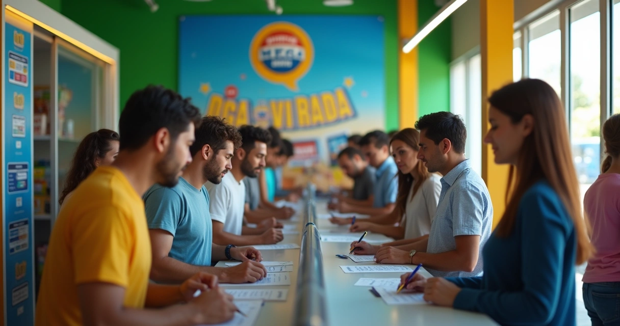 Pessoas em fila para fazer aposta na lotérica 