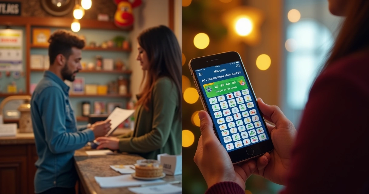 Apostador em lotérica e outro em celular fazendo aposta online 