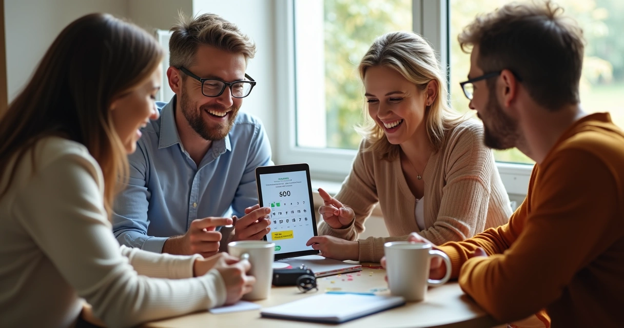 Pessoa escolhendo dezenas em app de loteria e amigos ao redor, celebrando 