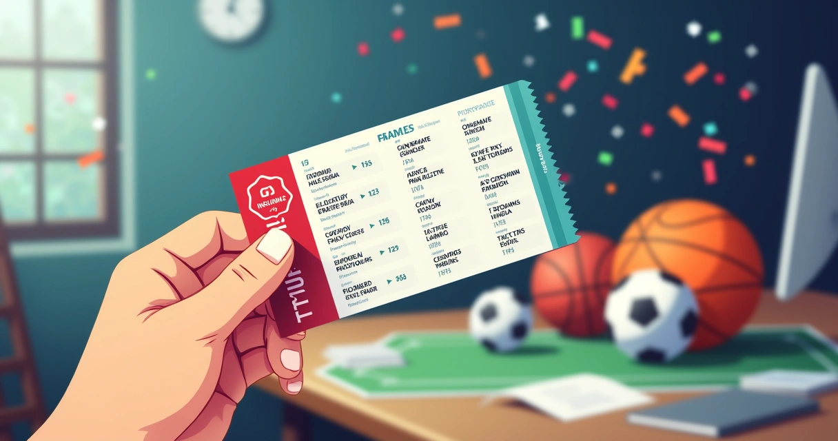 Ilustração de bilhete de apostas de futebol com múltiplos eventos e selo de seguro. 