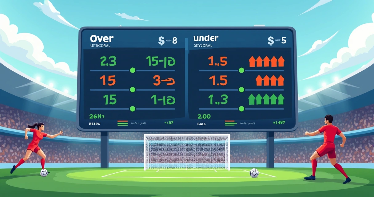 Ilustração de painel digital mostrando apostas over/under em um jogo de futebol 