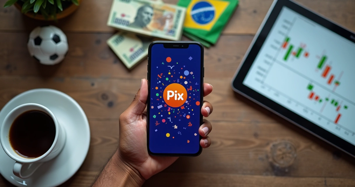 Pessoa usando o Pix no celular enquanto faz apostas 