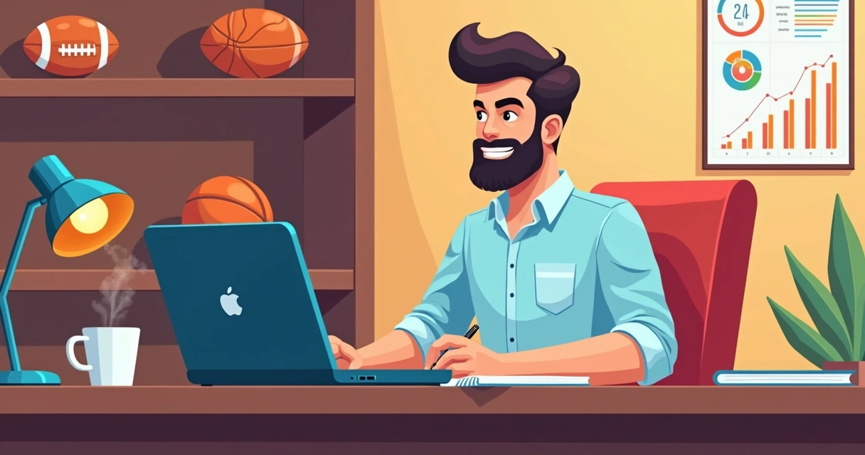 Homem analisando gráficos de apostas esportivas em computador com caderno ao lado e café na mesa 