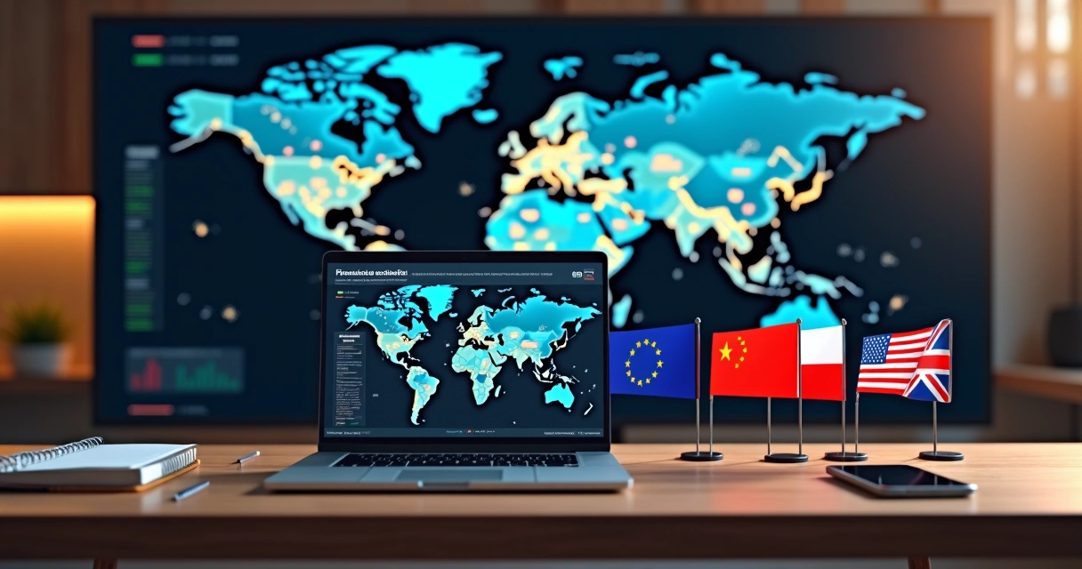 Mesa com bandeiras de países, gráficos e tela de mercado de previsões políticas 