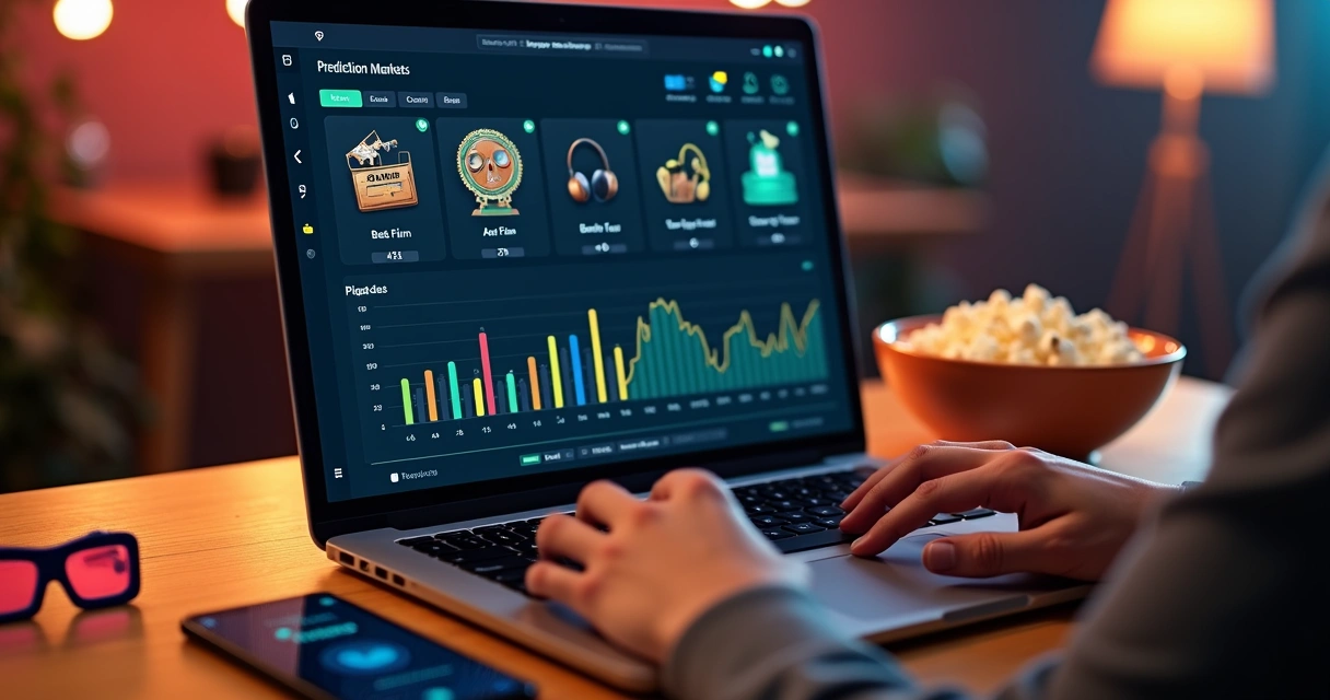 Tela de notebook com gráficos de apostas sobre premiações de cinema e música 