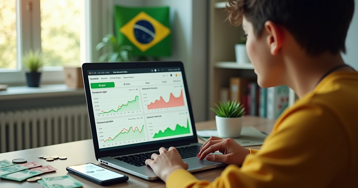 Pessoa analisando gráficos de inflação do Brasil na tela do notebook com dinheiro sobre a mesa 