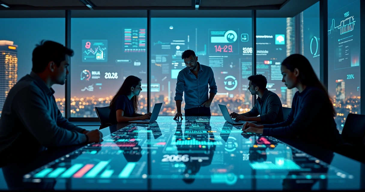 Investidores analisando gráficos de tecnologia em telas digitais futuristas 