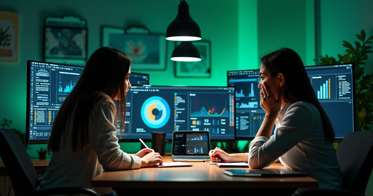 Mesa mostrando análises gráficas e dispositivos tecnológicos 