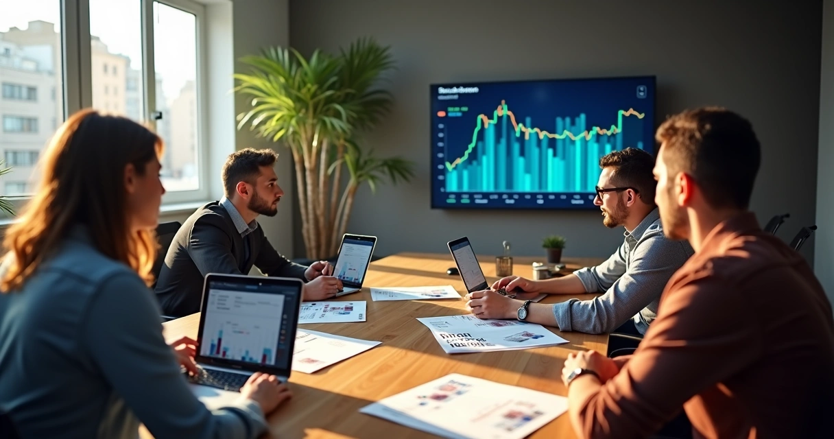 Mesa com pessoas debatendo apostas em lançamentos de smartphones