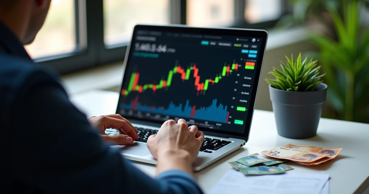 Pessoa analisando gráficos financeiros em um notebook