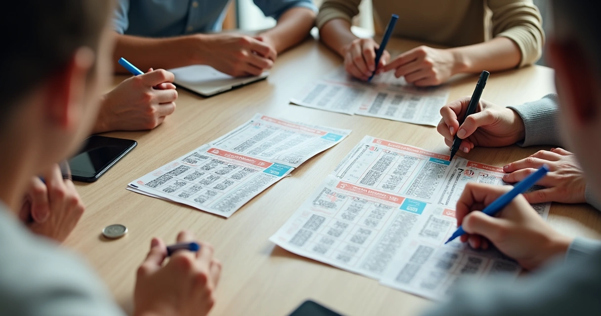 Cartões de apostas da Mega-Sena, alguns preenchidos, mãos de pessoas marcando os volantes 