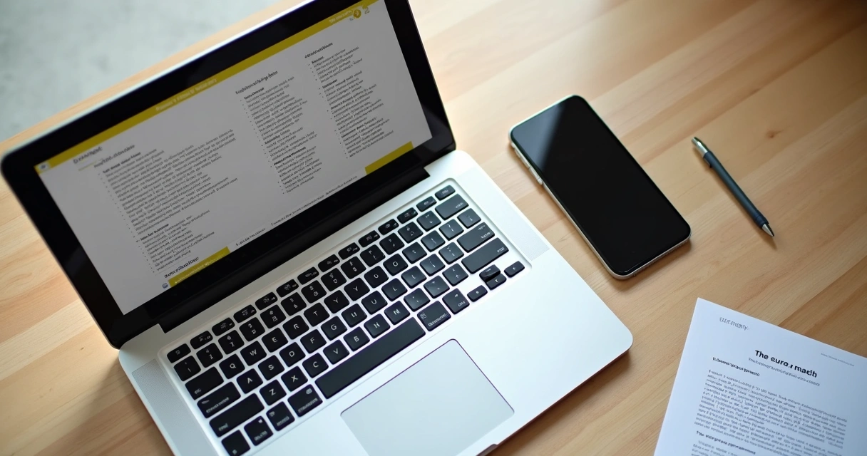 Notebook exibindo apostila digital, tablet e smartphone ao lado, mesa de madeira clara com caneta e folha impressa 