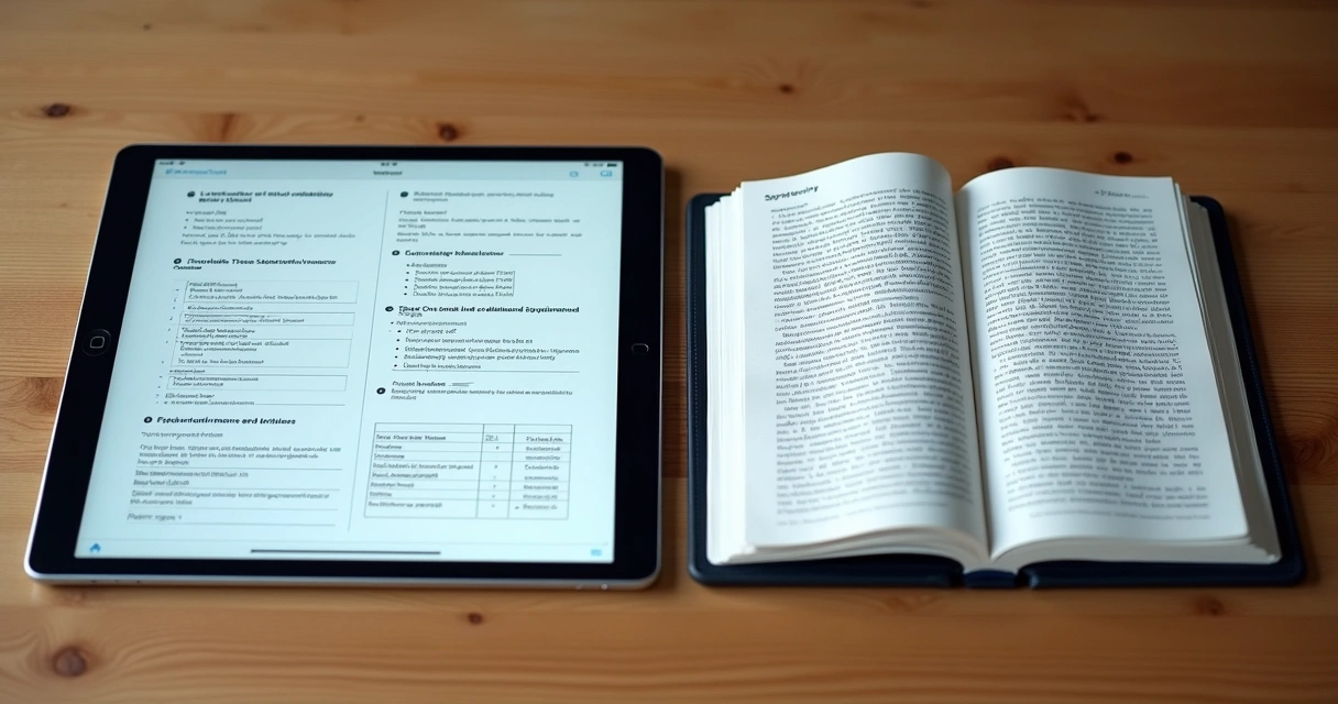 Exemplo lado a lado de uma apostila com exercícios e um ebook com narrativa motivacional.