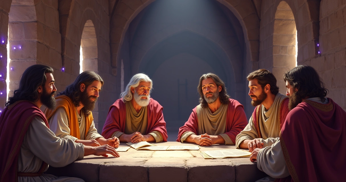 Apóstolos ensinando grupo de cristãos em ambiente antigo 