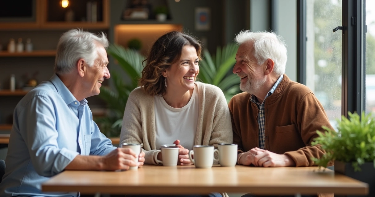 Tres personas conversando y sonriendo en una cafetería, mostrando apoyo mutuo 