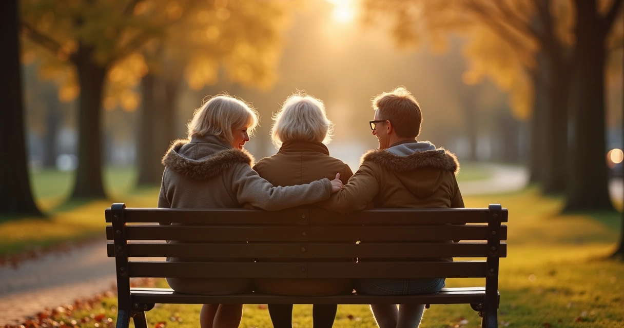 Tres amigos conversando sentados en un banco de parque al atardecer