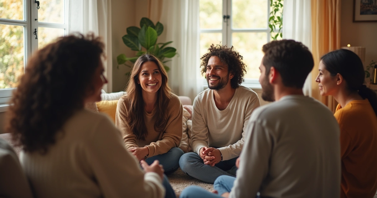 Varias personas sentadas en círculo conversando y acompañándose en un ambiente cómodo.