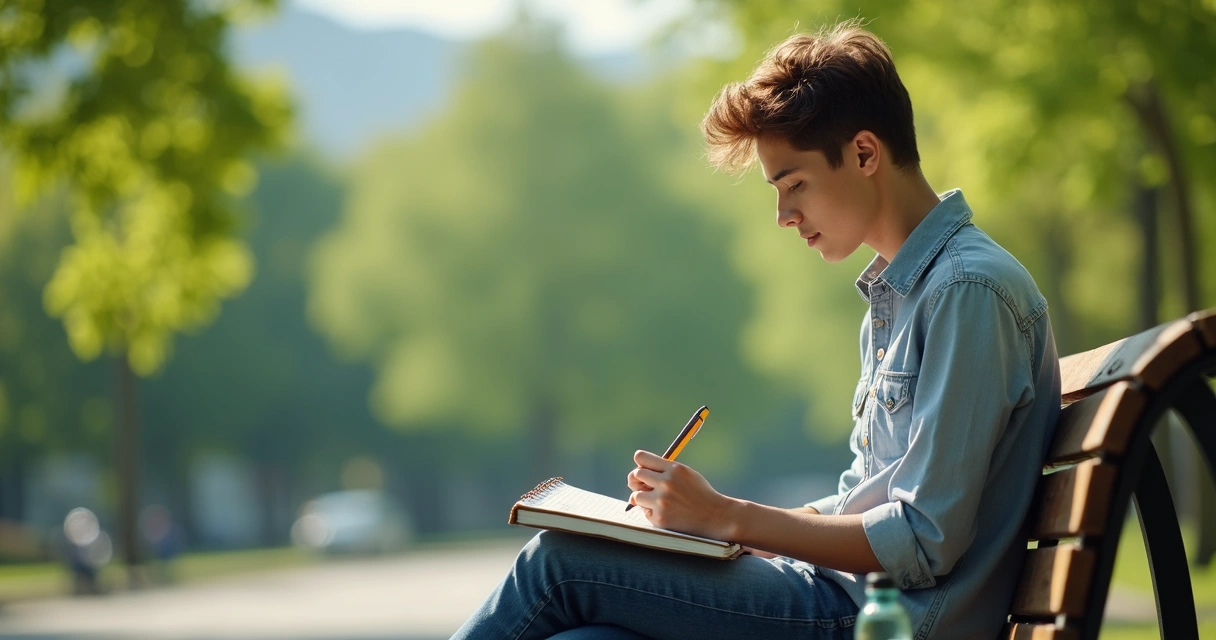 Persona sentada en un parque, cuaderno en mano, anotando emociones y reflexiones mientras observa el entorno natural, transmitiendo calma y autoescucha. 