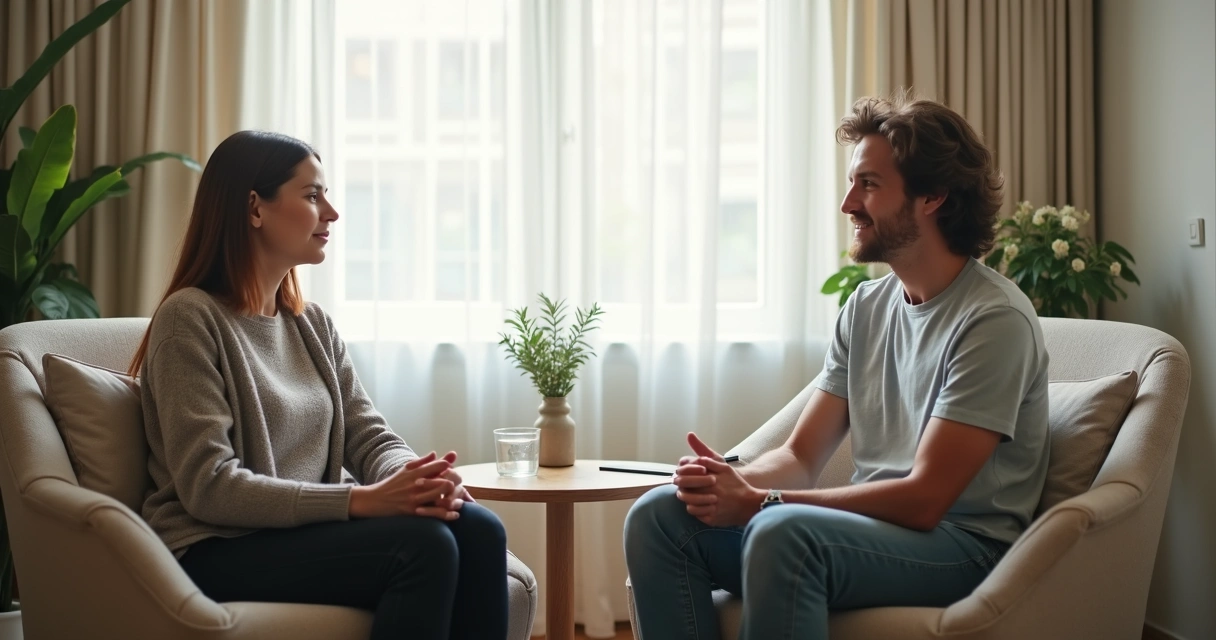 Dos personas conversando en un espacio tranquilo 