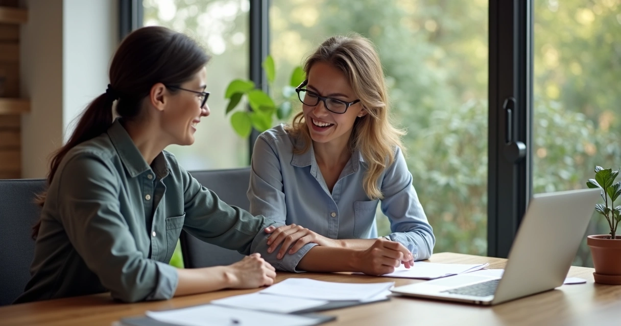 Colegas apoyándose en oficina moderna, gesto de apoyo emocional 