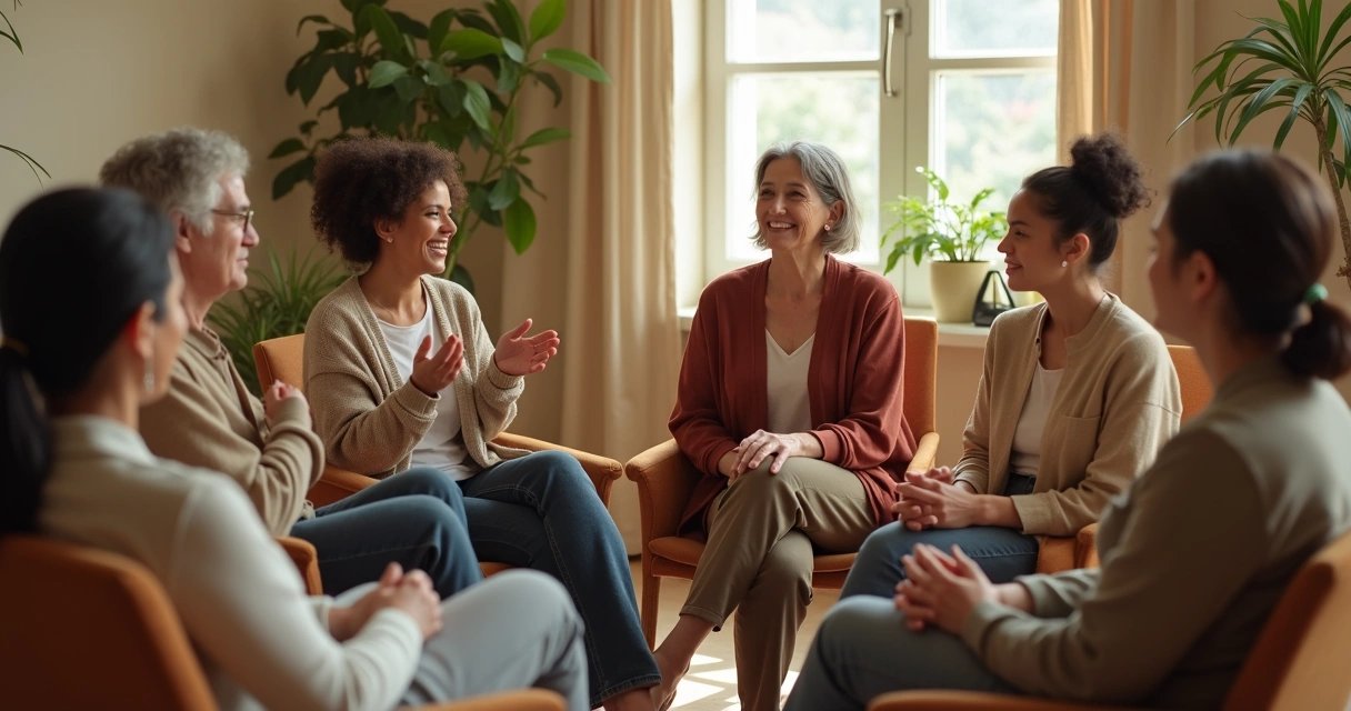 Personas en círculo compartiendo apoyo en un espacio comunitario